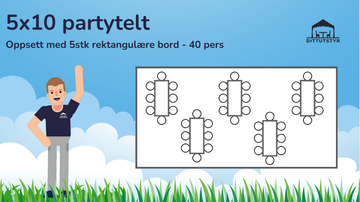Partytelt 5x10 - ca. 45 pers